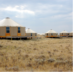 multiple tan yurts on the plains